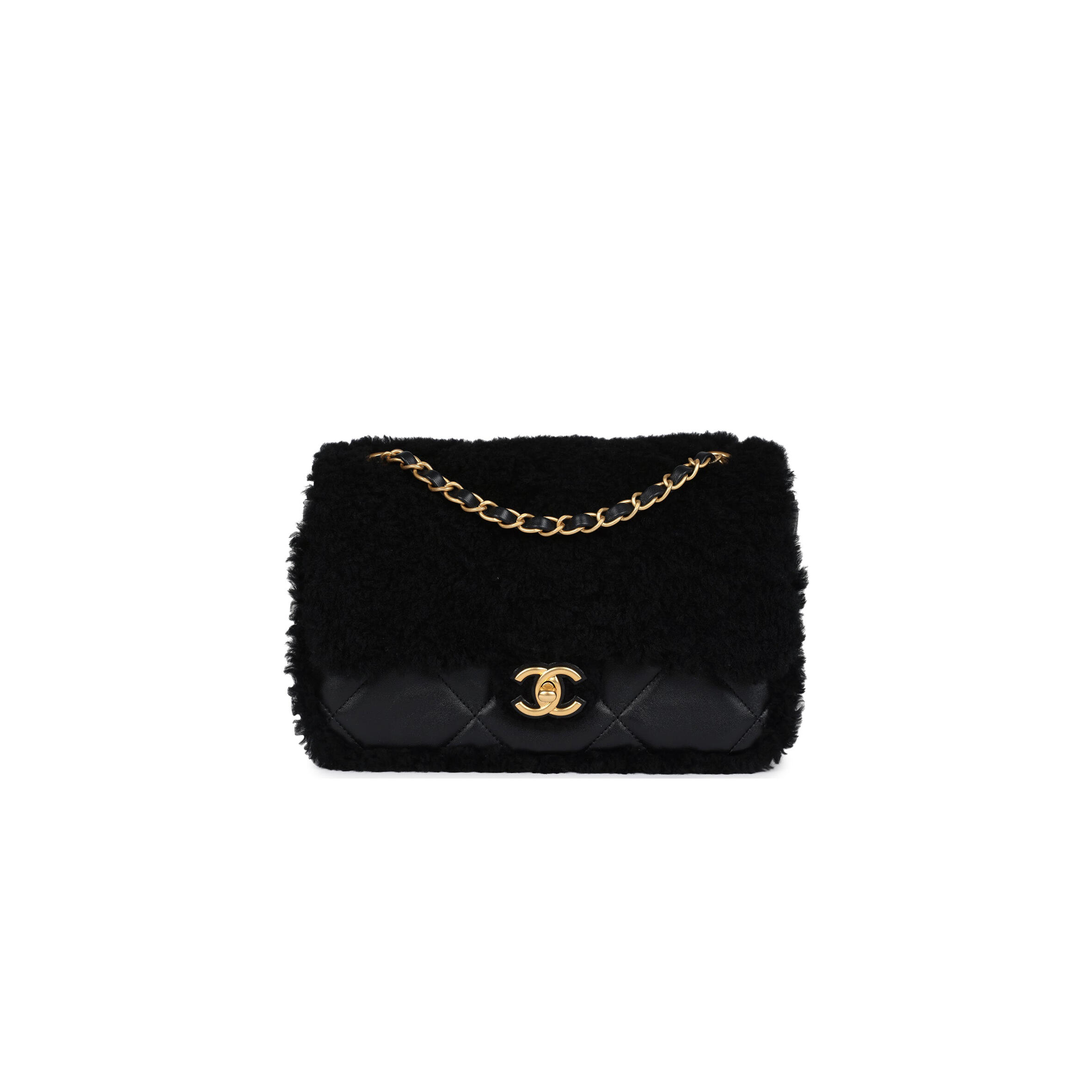 CHANEL MASTER MEDIUM SHEARLING FLAP BAG BLACK LAMBSKIN BRUSHED GOLD HARDWARE  (23.5*16*7.5cm)